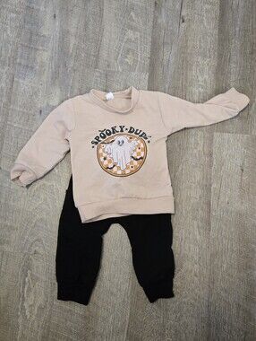Spooky Dude Ghost Sweatshirt Set - Beige & Black
